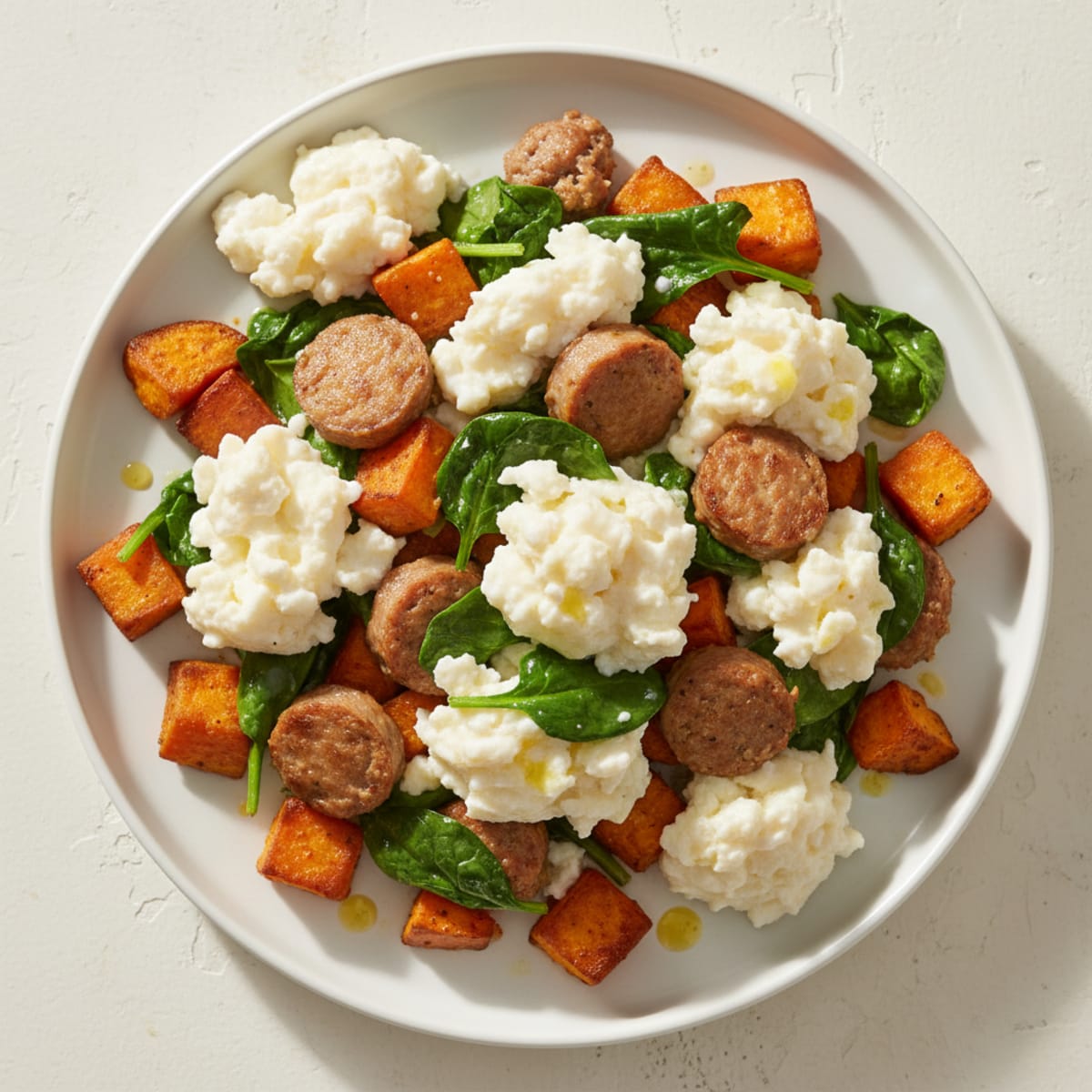 Egg White and Turkey Sausage Scramble with Spinach and Roasted Sweet Potatoes