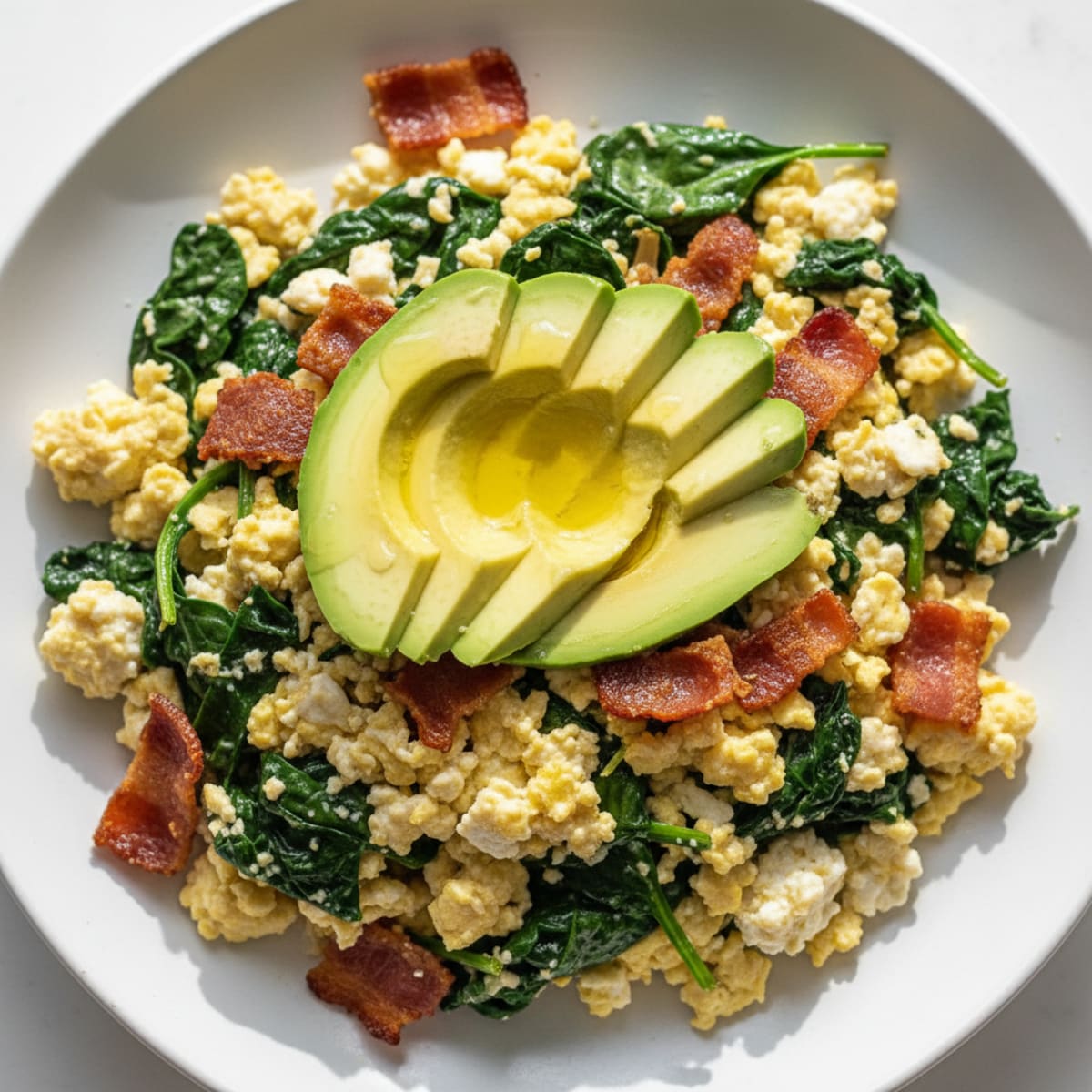 Cottage Cheese Egg Scramble with Spinach and Turkey Bacon