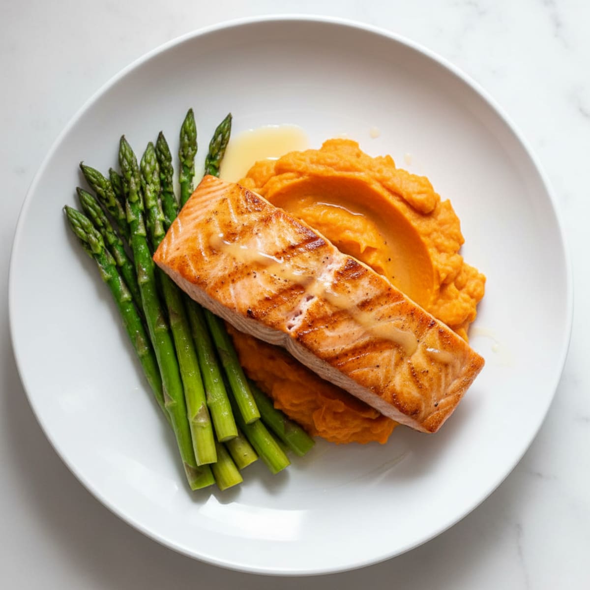Seared Salmon Fillet with Roasted Asparagus and Sweet Potato Mash