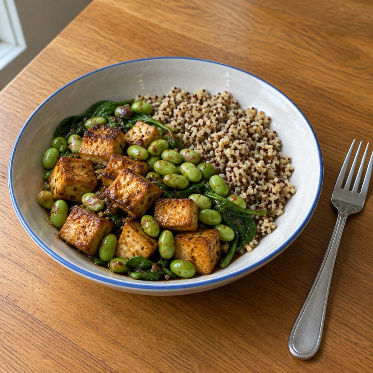 Tofu and edamame grain bowl