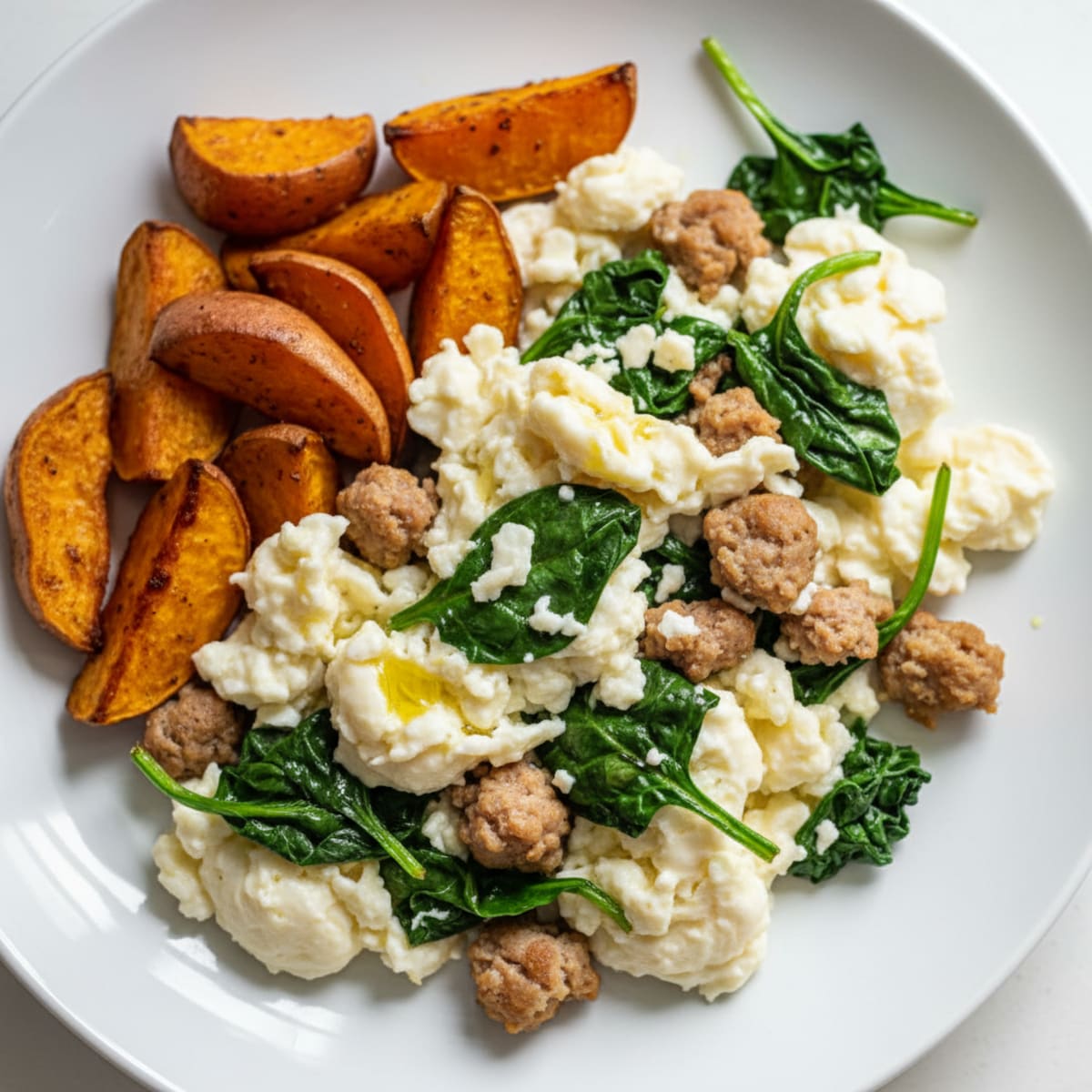 Egg White and Turkey Sausage Scramble with Sautéed Spinach