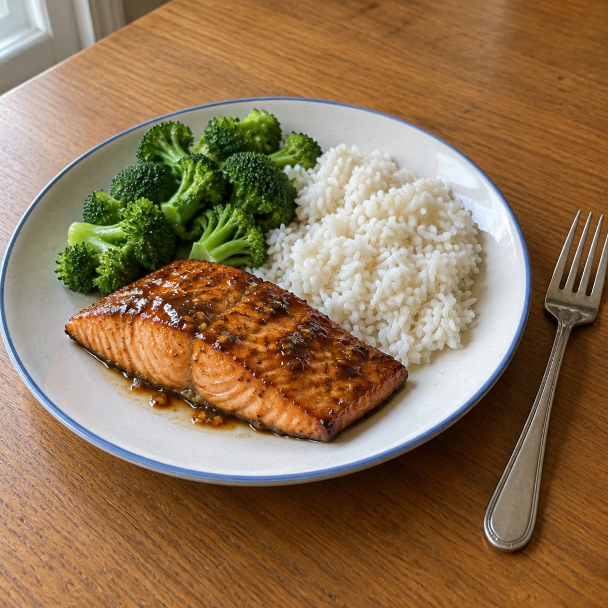 Teriyaki salmon with broccoli and rice