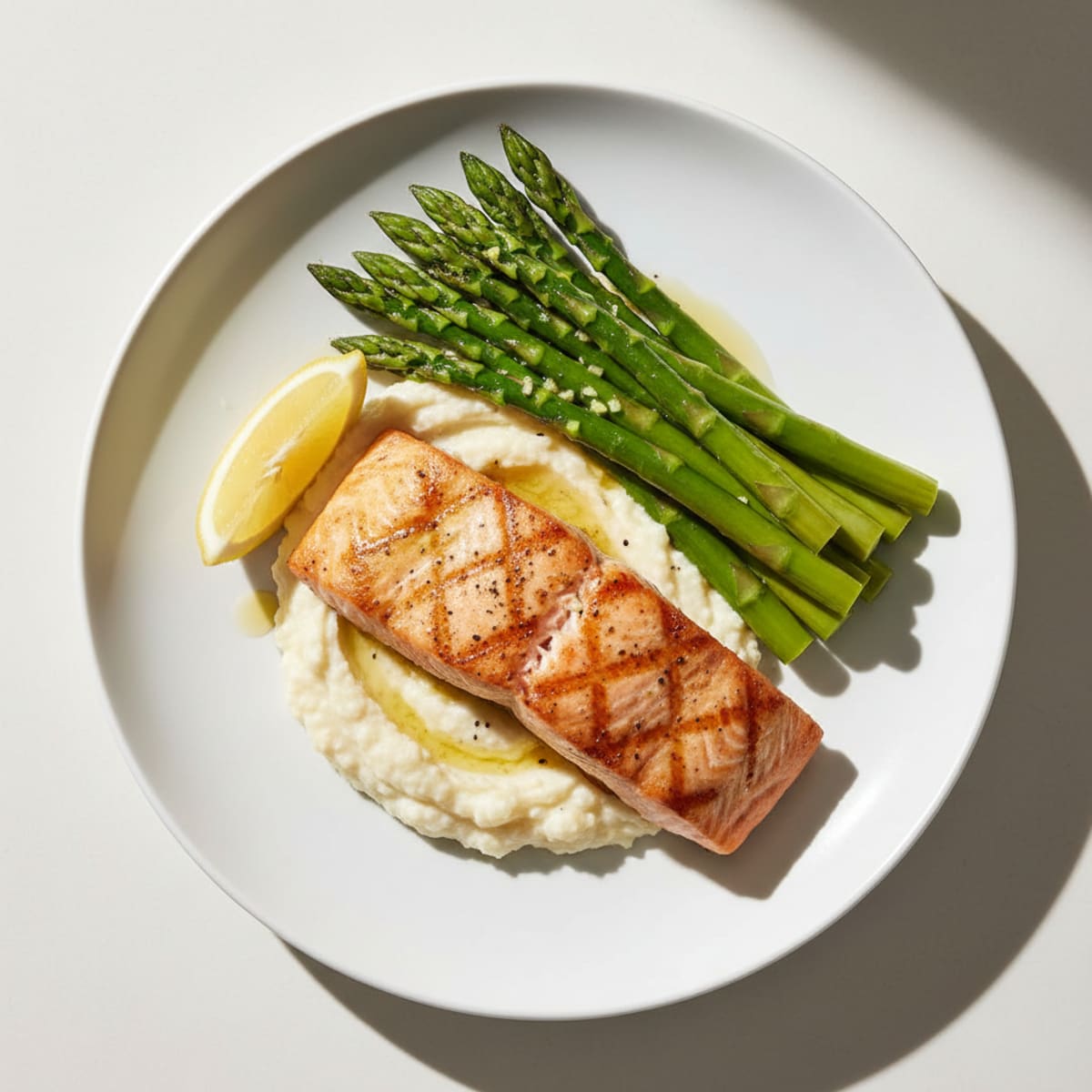 Seared Salmon with Steamed Asparagus and Cauliflower Mash