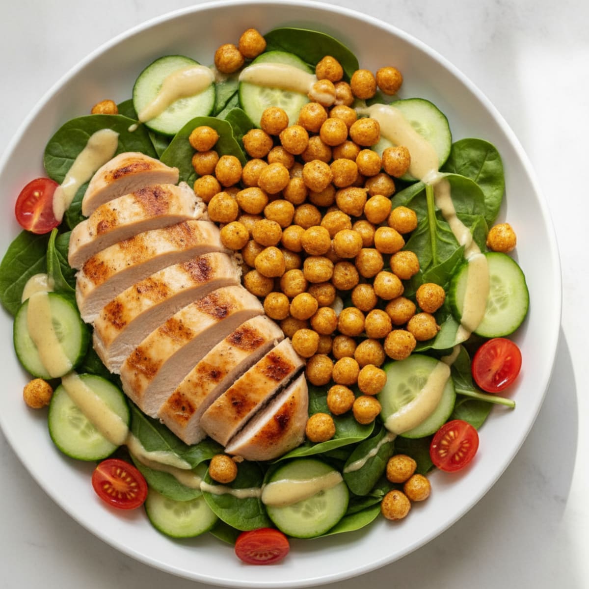 Grilled Chicken Breast Salad with Crunchy Chickpeas and Lemon-Tahini Dressing