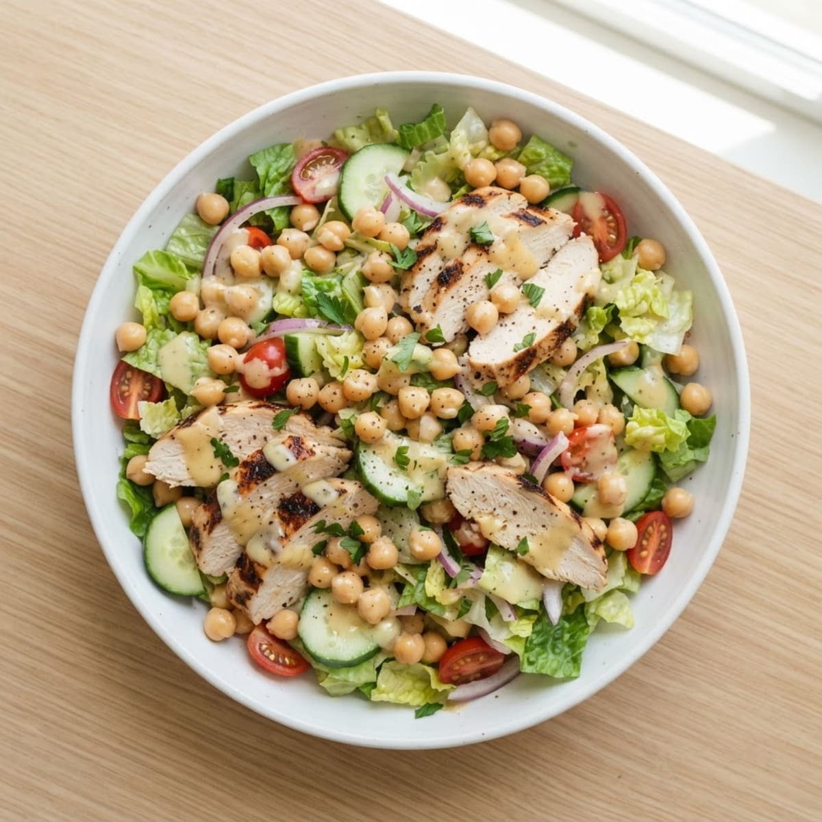 Grilled Chicken and Chickpea Salad with Lemon-Tahini Dressing