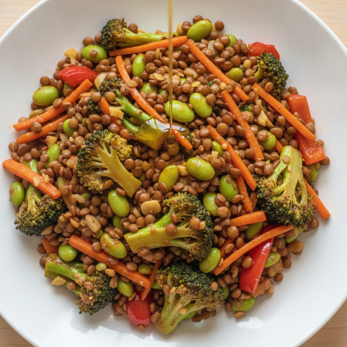 Lentil and Vegetable Stir Fry with Edamame and Tamari Sauce