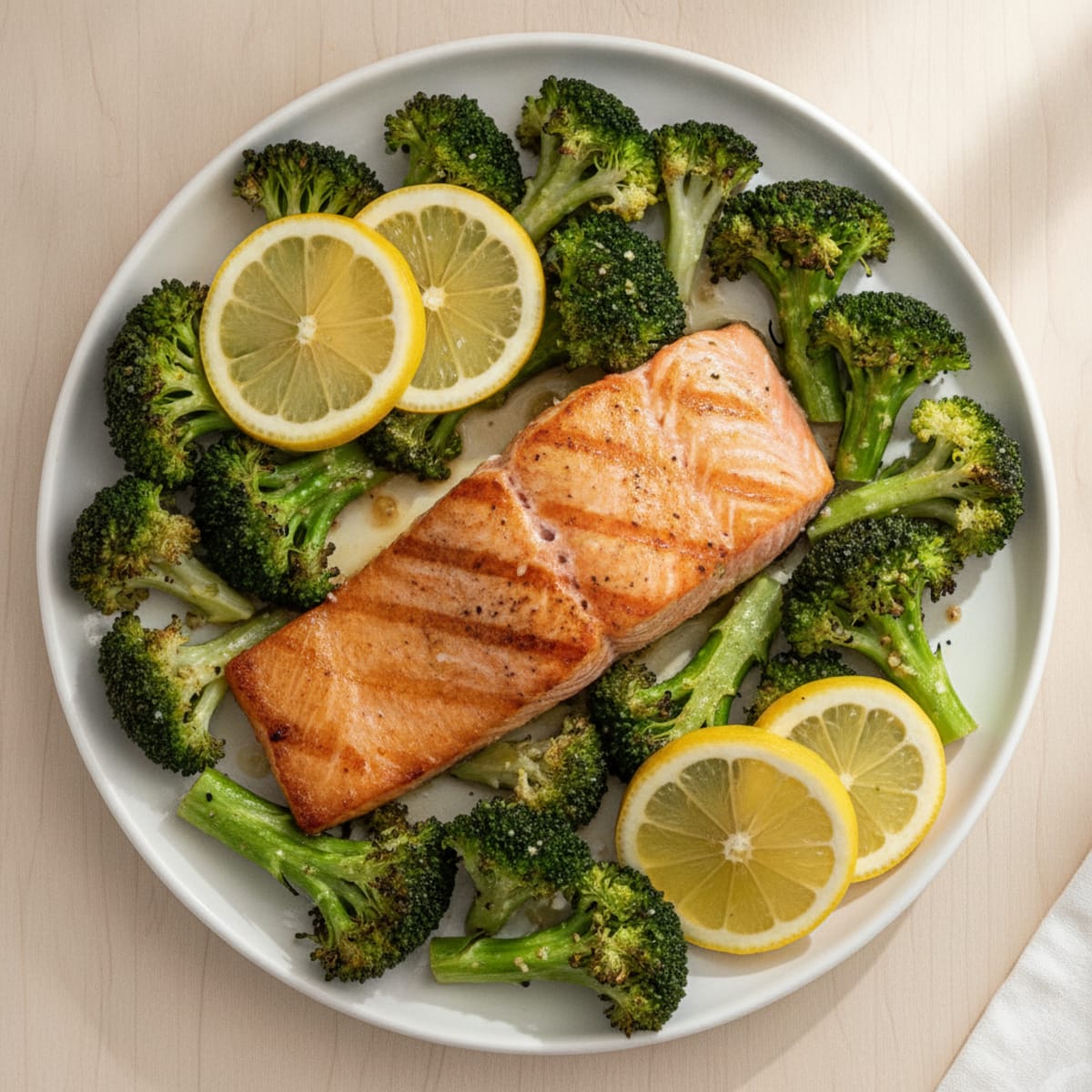 Seared Salmon Fillet with Roasted Broccoli and Lemon