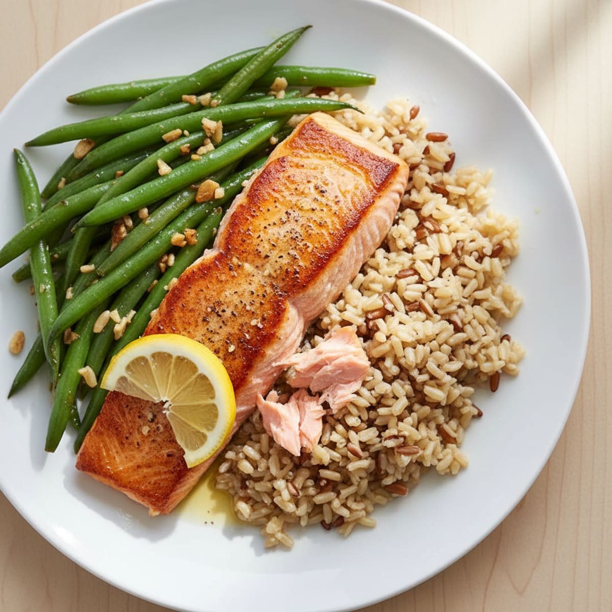 Seared Salmon with Garlicky Green Beans and Brown Rice