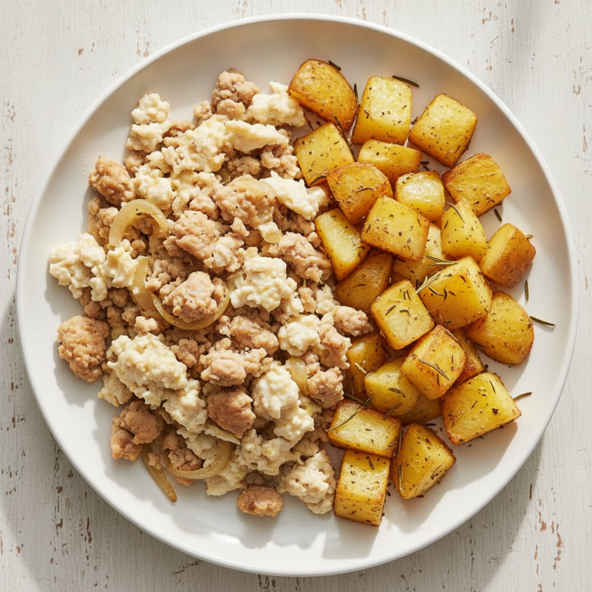 Egg White and Ground Chicken Scramble with Roasted Potatoes and Onion
