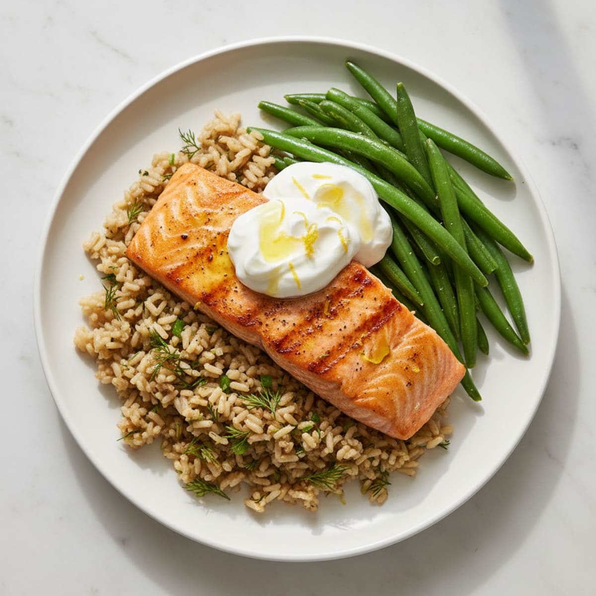Seared Salmon with Herb Rice and Steamed Green Beans