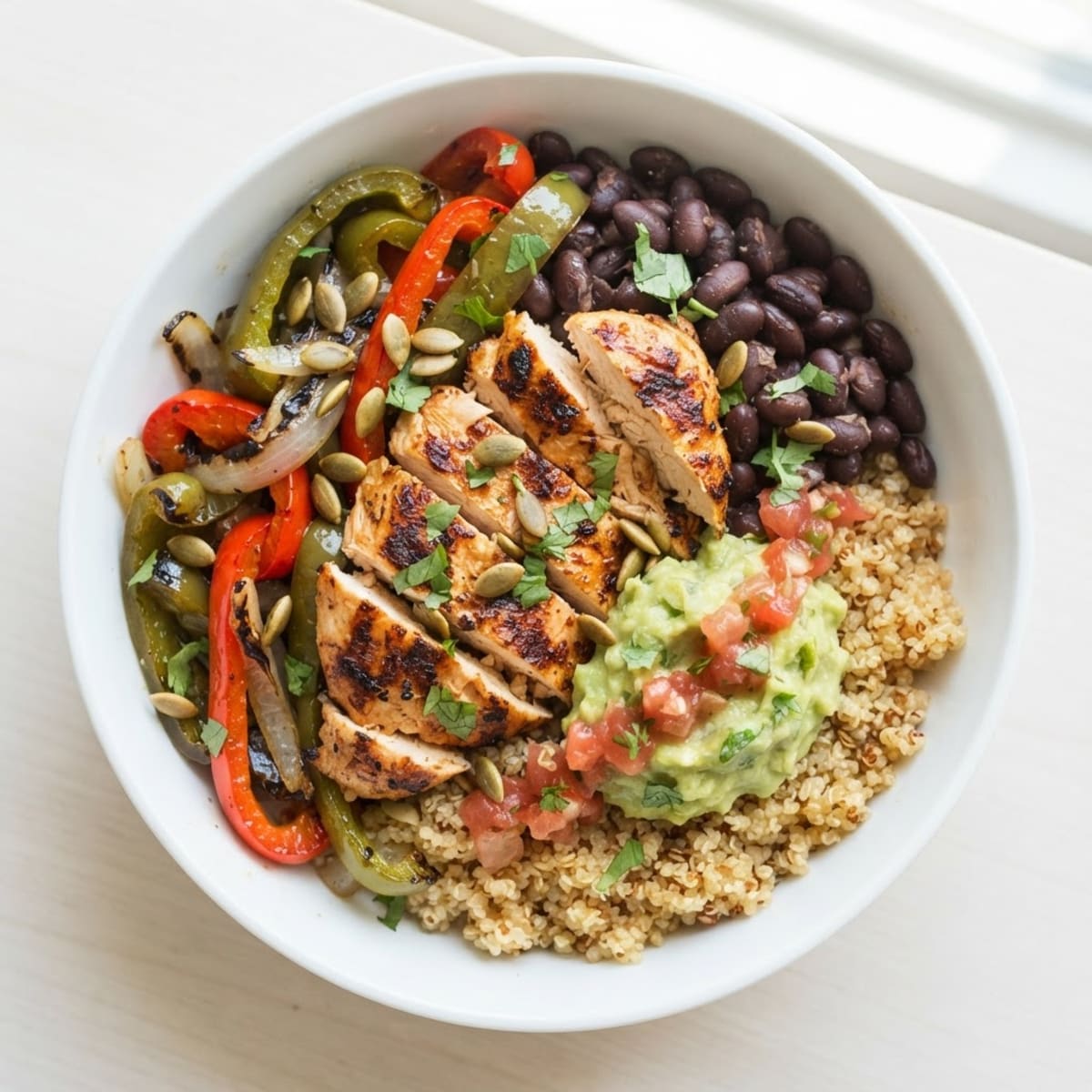 Grilled Chicken and Quinoa Burrito Bowls with Roasted Peppers