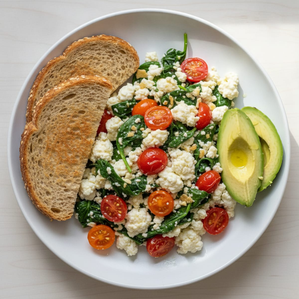 Egg White and Cottage Cheese Scramble with Spinach and Cherry Tomatoes