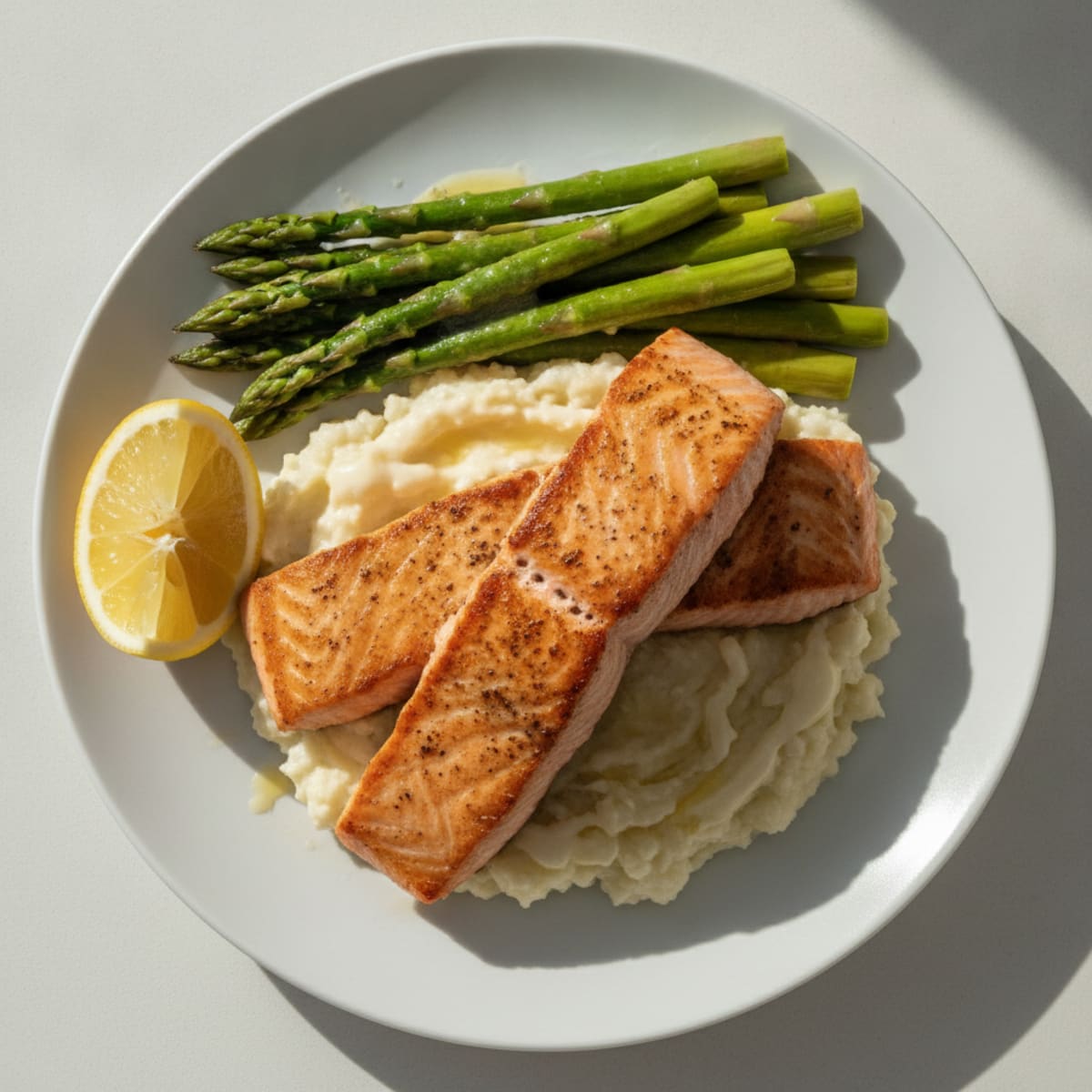 Seared Salmon with Steamed Asparagus and Cauliflower Mash