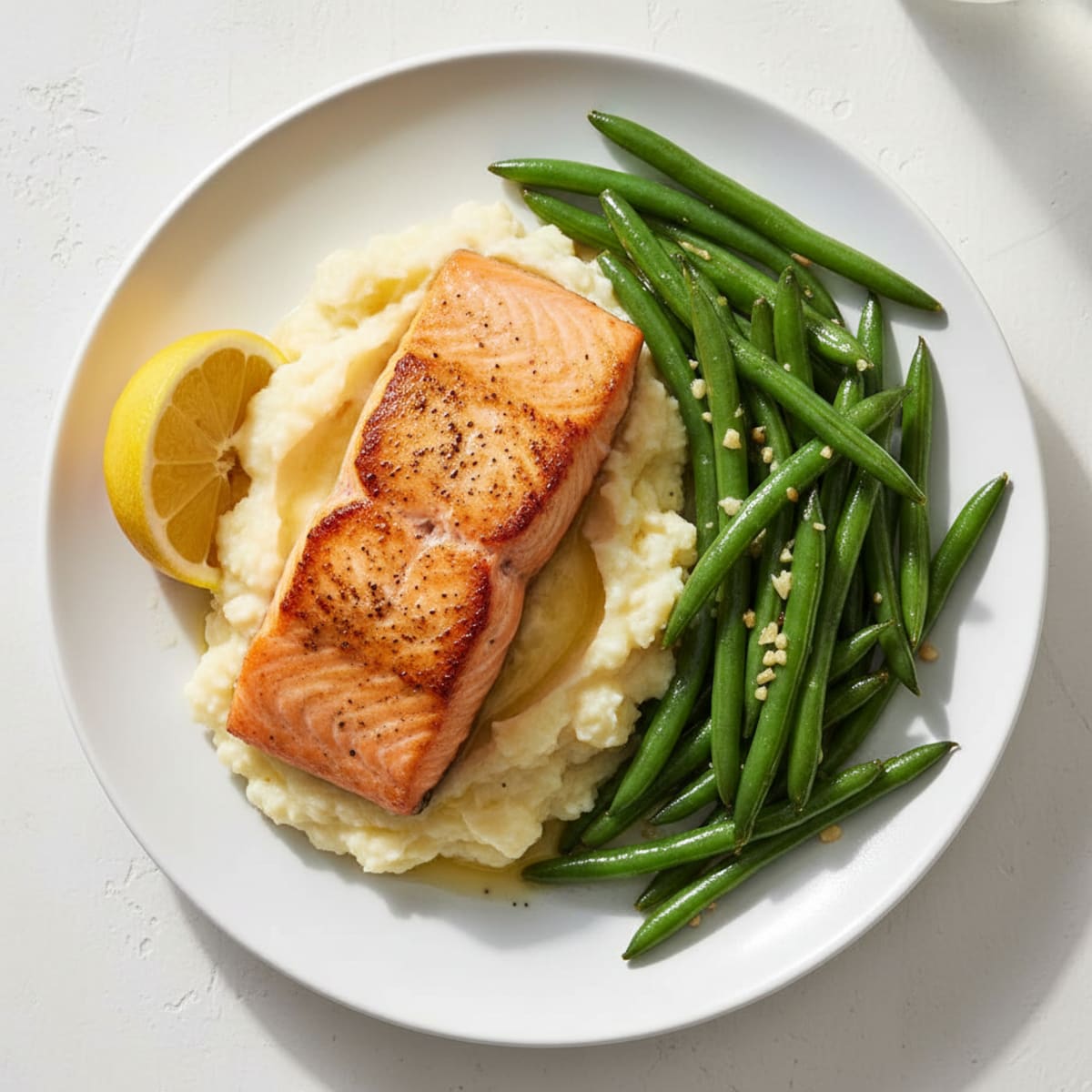 Seared Salmon with Garlic Green Beans and Mashed Cauliflower