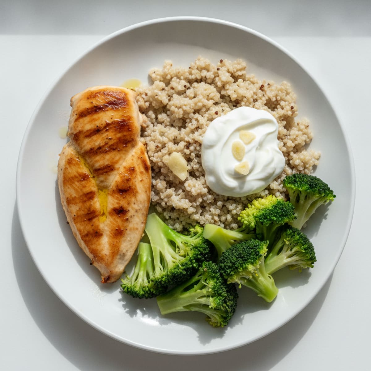 Grilled Chicken Breast with Creamy Quinoa and Steamed Broccoli
