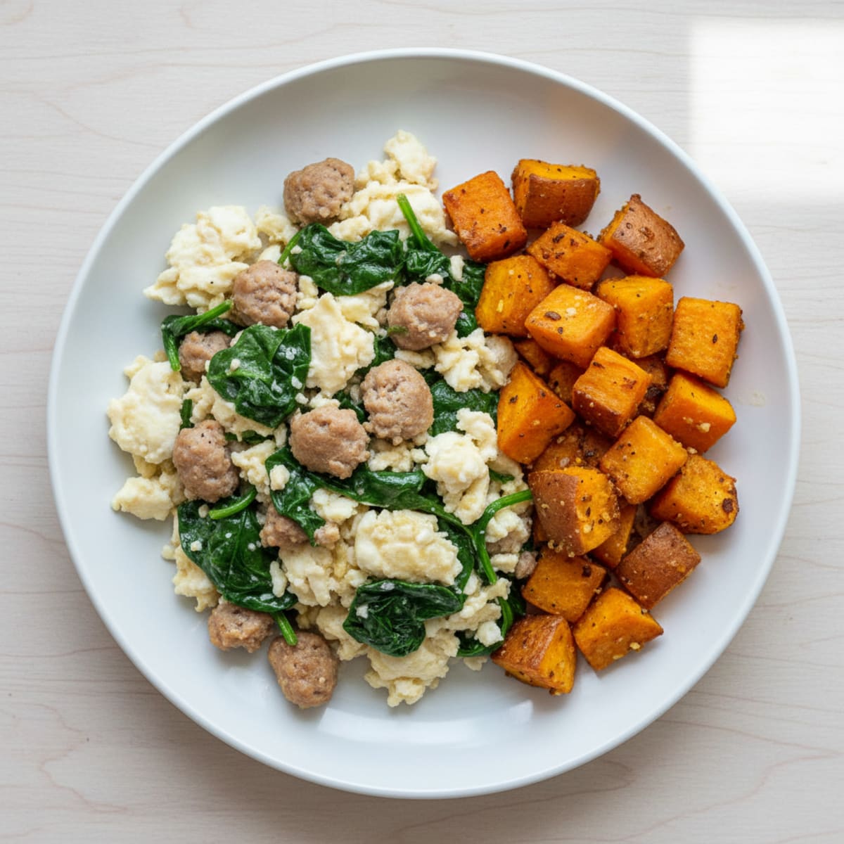 Egg White and Turkey Sausage Scramble with Spinach and Roasted Sweet Potatoes