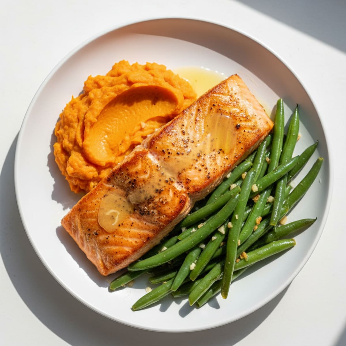 Seared Salmon with Garlic Green Beans and Sweet Potato Mash