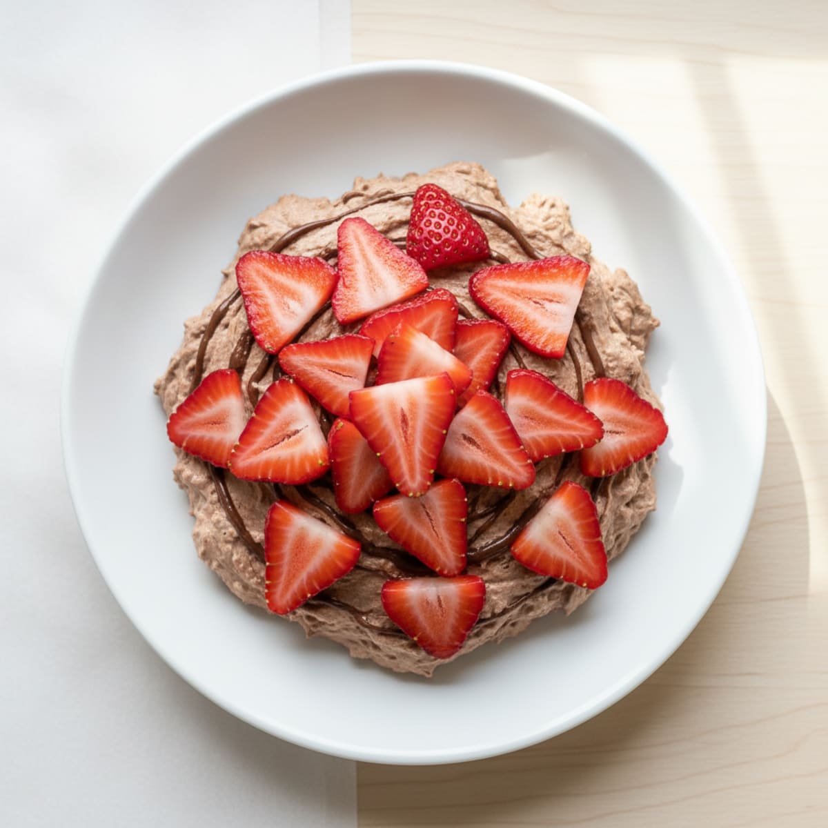High-Protein Chocolate Cottage Cheese Mousse with Sliced Strawberries