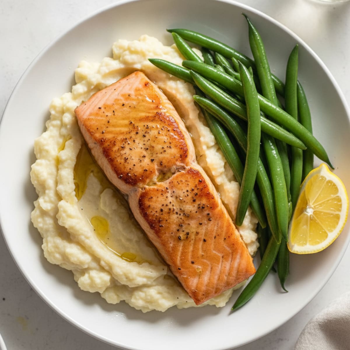 Seared Salmon with Steamed Green Beans and Garlic Mashed Cauliflower