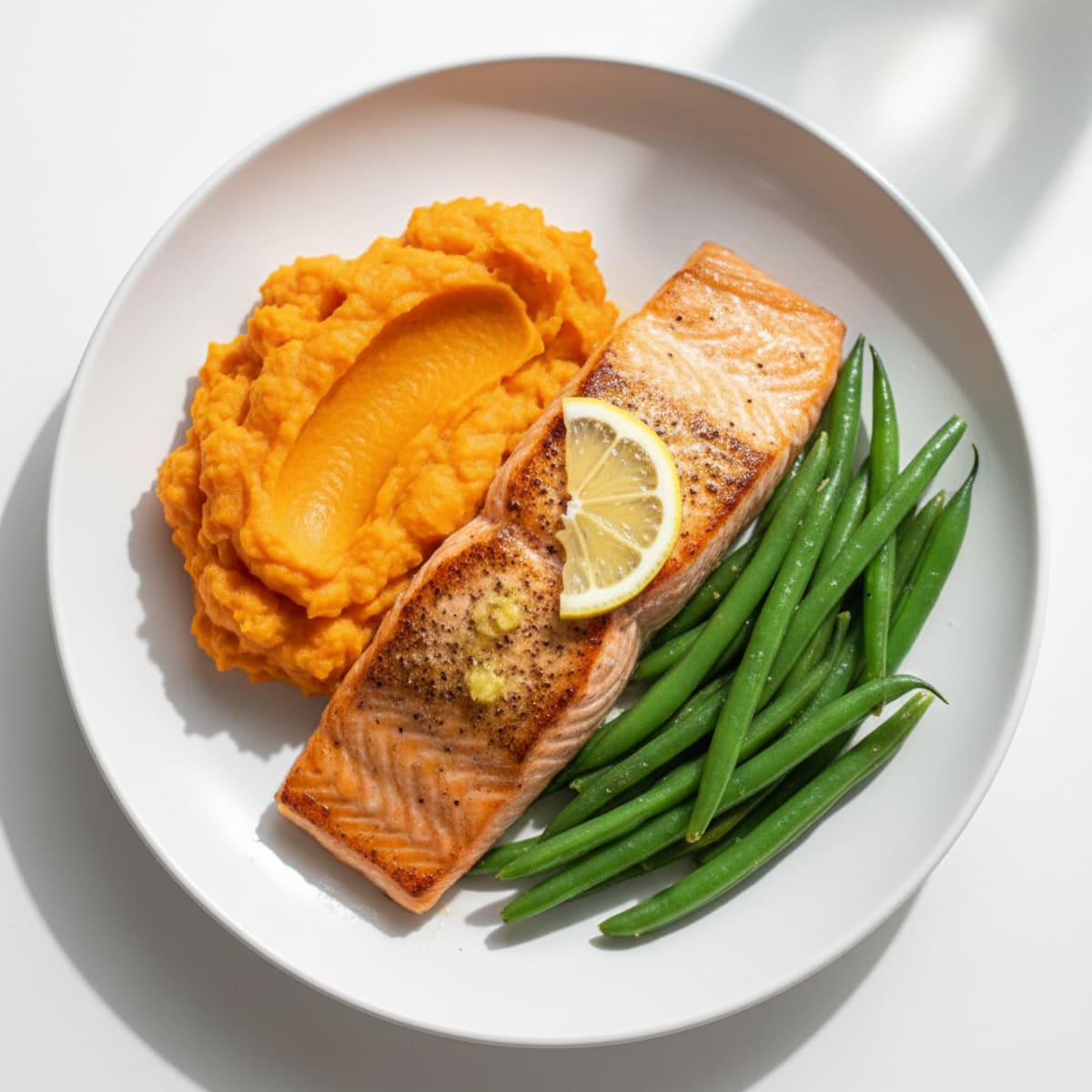 Seared Salmon Fillet with Steamed Green Beans and Sweet Potato Mash