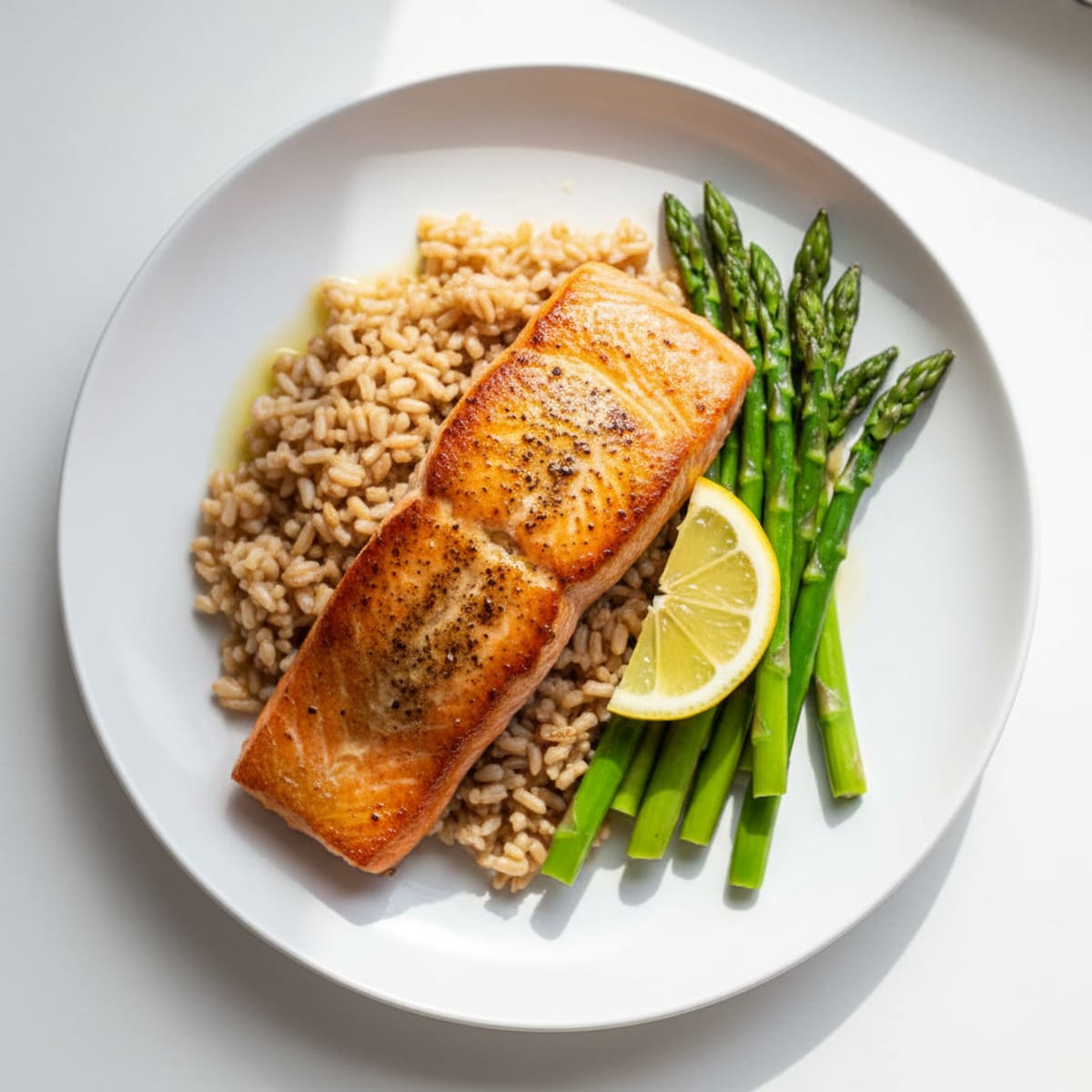Seared Salmon with Steamed Asparagus and Brown Rice