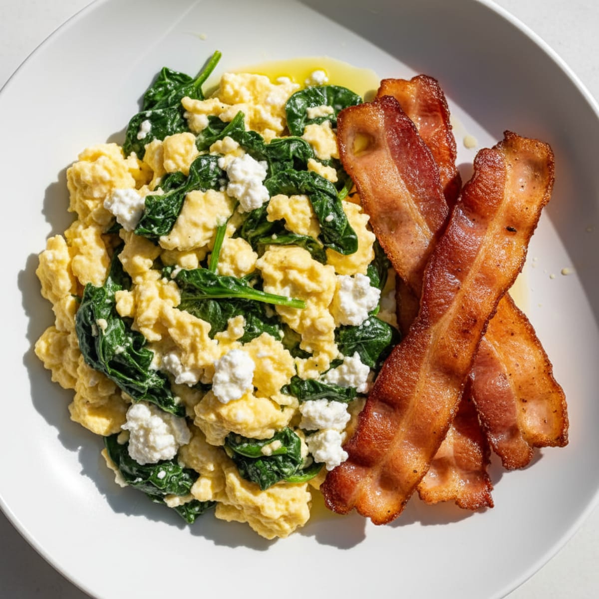 Cottage Cheese Egg Scramble with Spinach and Turkey Bacon