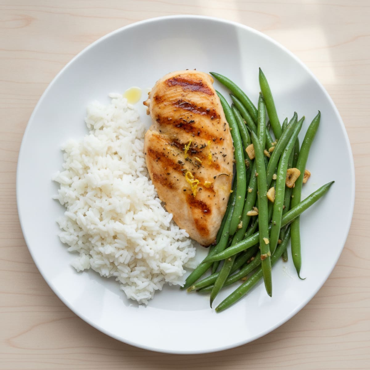 Grilled Chicken Breast with Steamed Jasmine Rice and Sautéed Green Beans