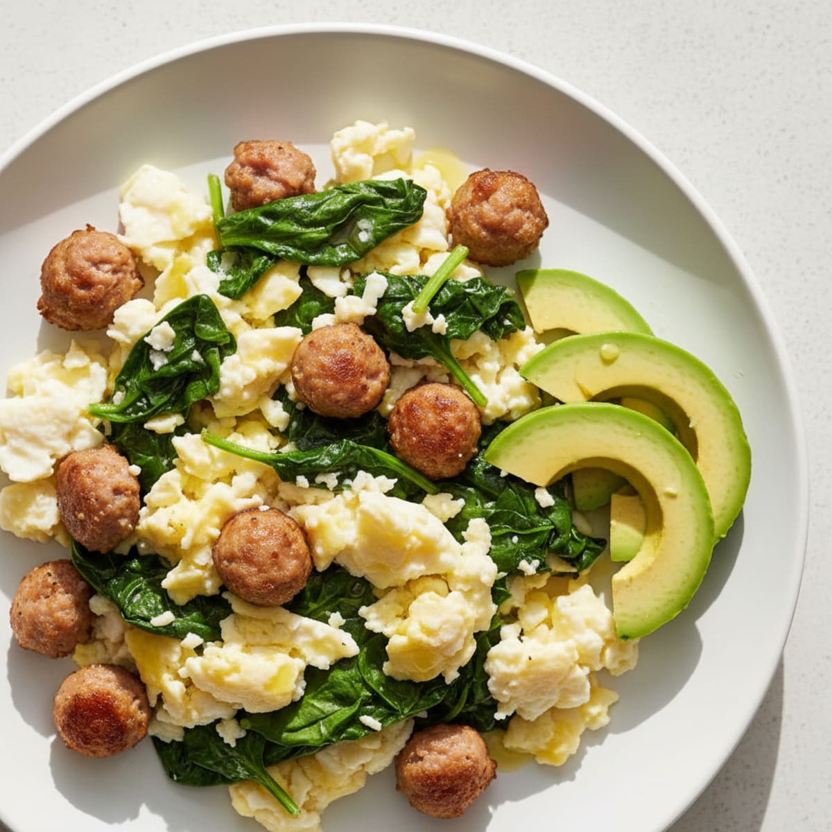 Scrambled Egg Whites with Turkey Sausage and Sautéed Spinach