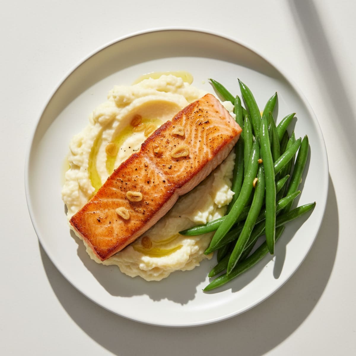 Seared Salmon with Steamed Green Beans and Garlic Mashed Cauliflower