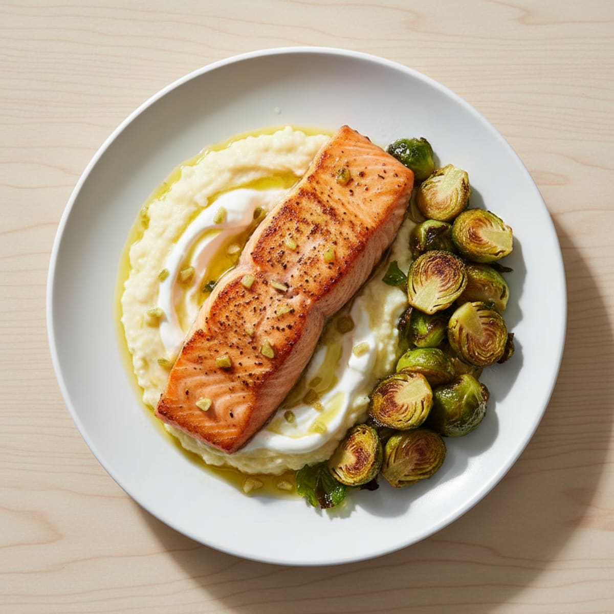Seared Salmon with Roasted Brussels Sprouts and Cauliflower Mash