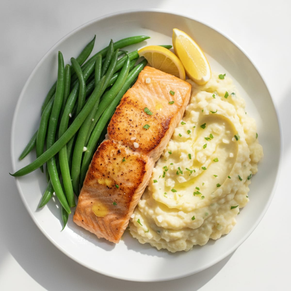 Seared Salmon with Steamed Green Beans and Garlic Mashed Cauliflower