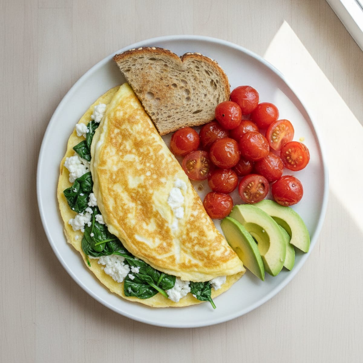 Egg White Spinach Omelette with Cottage Cheese and Cherry Tomatoes