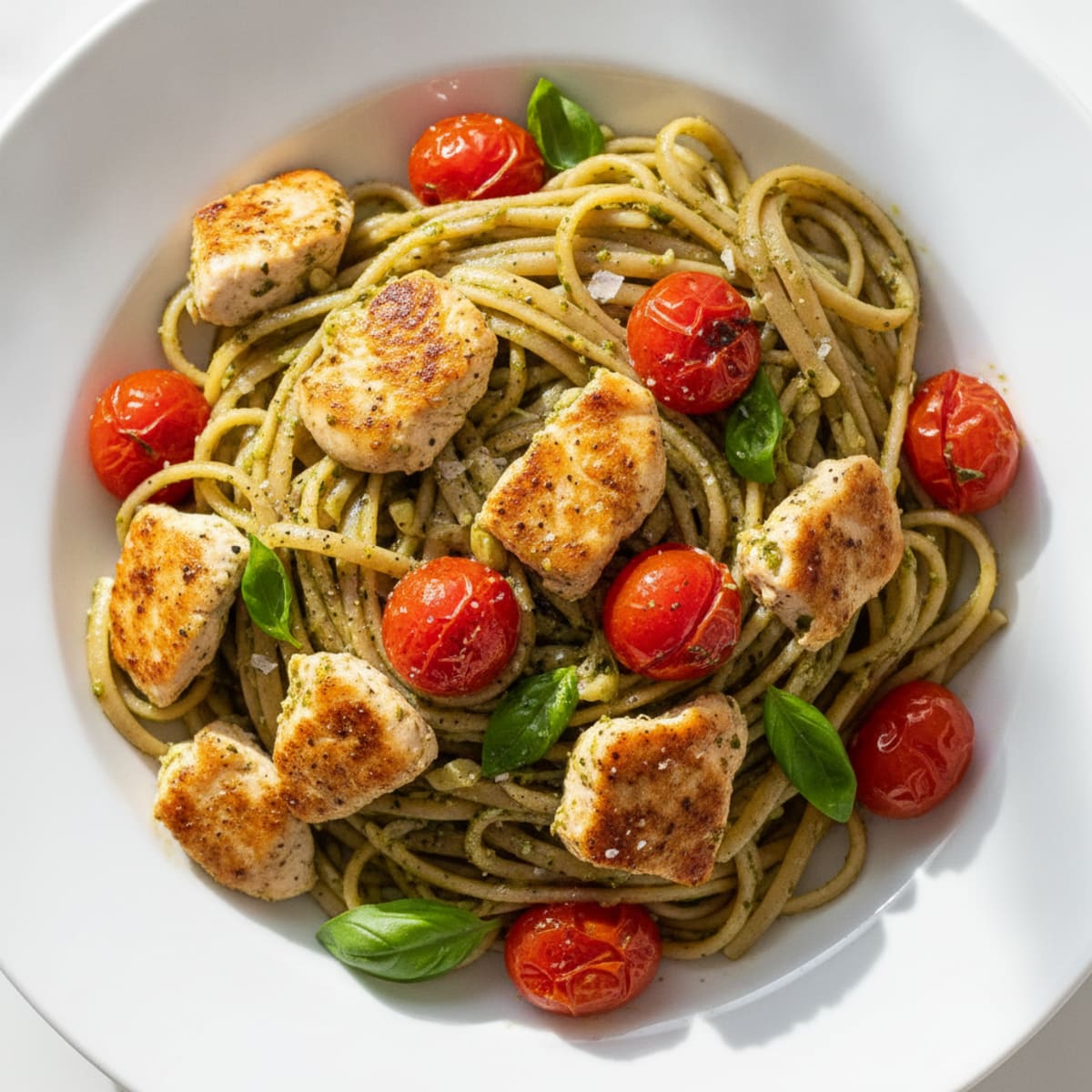Pesto Chicken Linguine with Blistered Tomatoes