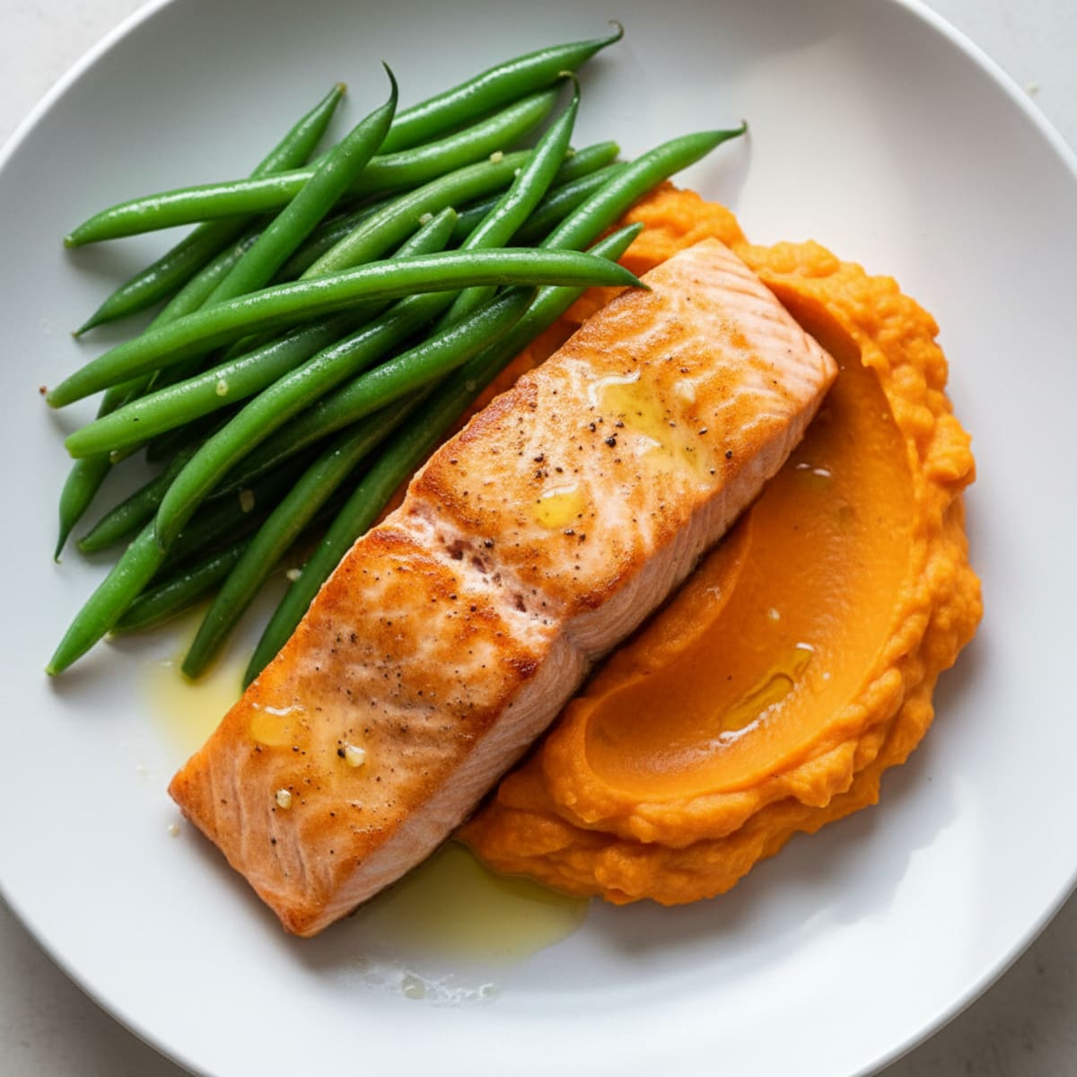 Seared Salmon with Steamed Green Beans and Sweet Potato Mash