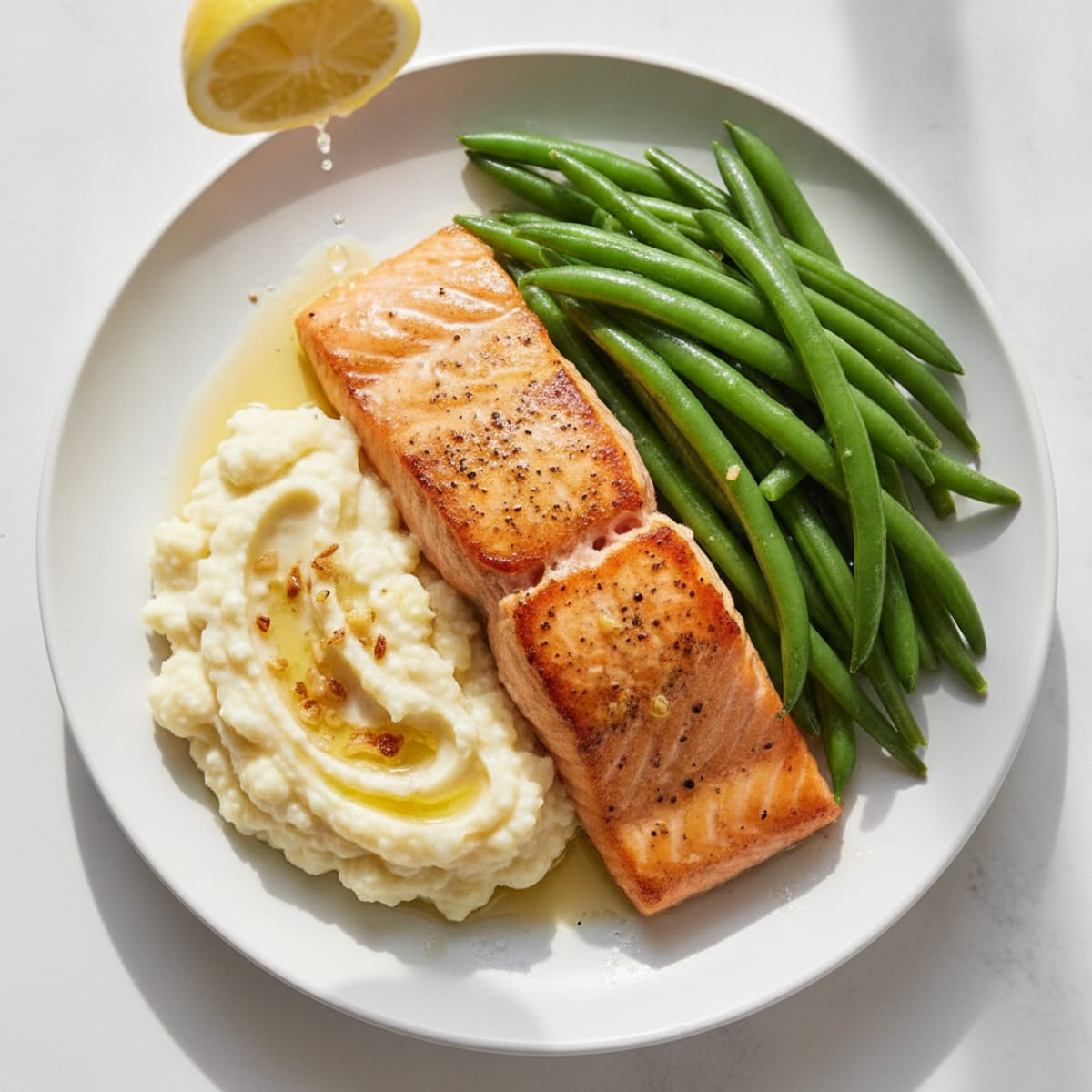 Seared Salmon with Steamed Green Beans and Garlic Mashed Cauliflower