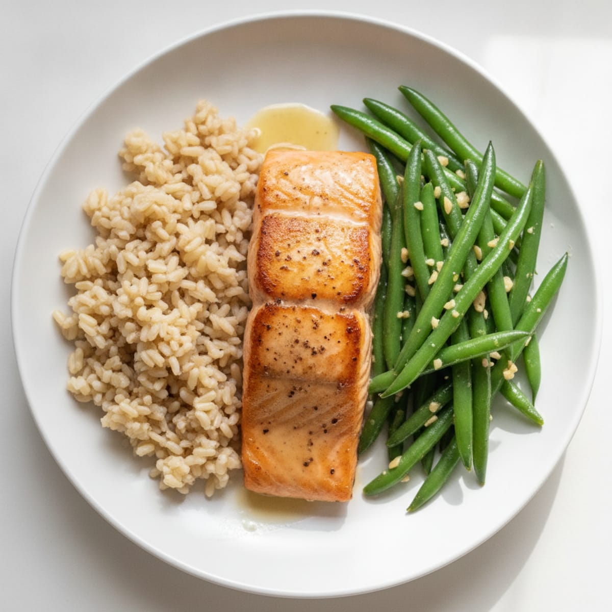 Seared Salmon Fillet with Garlic Green Beans and Brown Rice