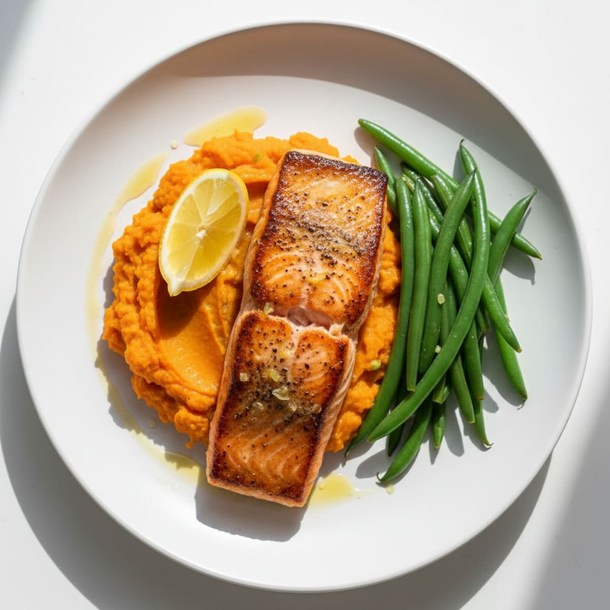 Seared Salmon Filet with Steamed Green Beans and Sweet Potato Mash
