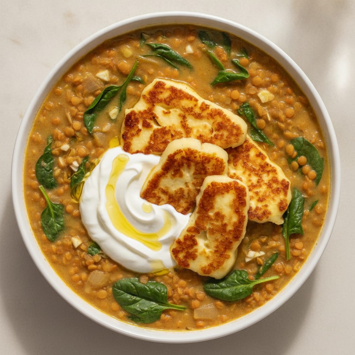 Creamy Lentil and Spinach Stew with Grilled Halloumi