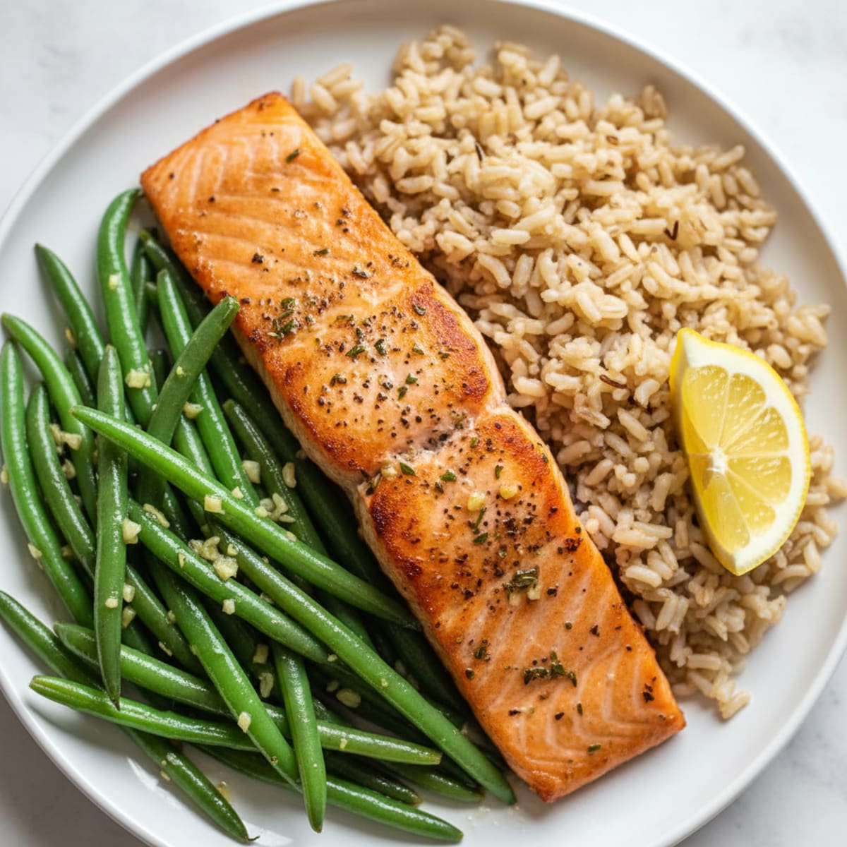 Seared Salmon with Garlic Green Beans and Brown Rice