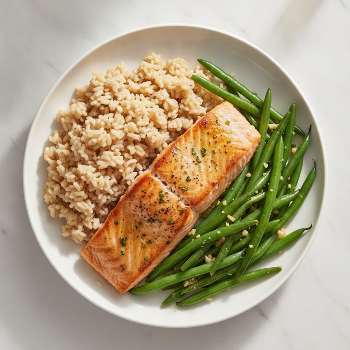 Seared Salmon with Garlic Green Beans and Steamed Brown Rice