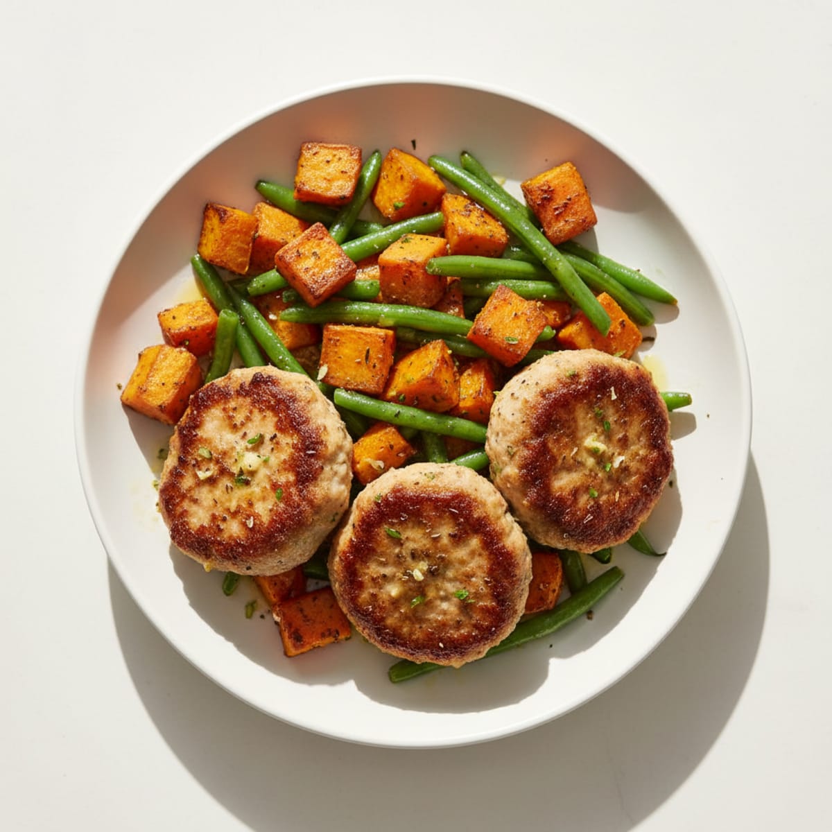 Seared Turkey Patties with Roasted Sweet Potato and Green Beans