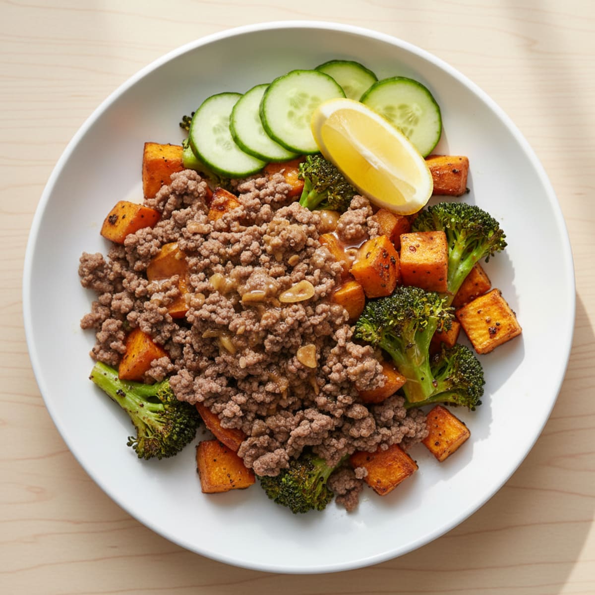 Ground Beef and Roasted Sweet Potato Salad with Broccoli