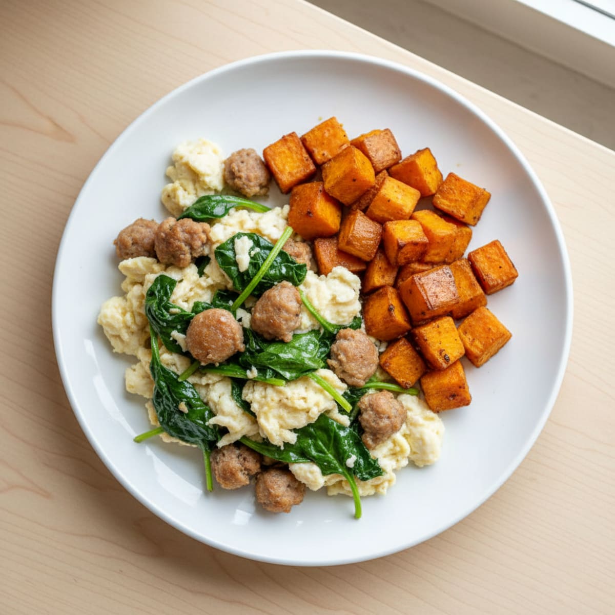 Egg White and Turkey Sausage Scramble with Spinach and Roasted Sweet Potato