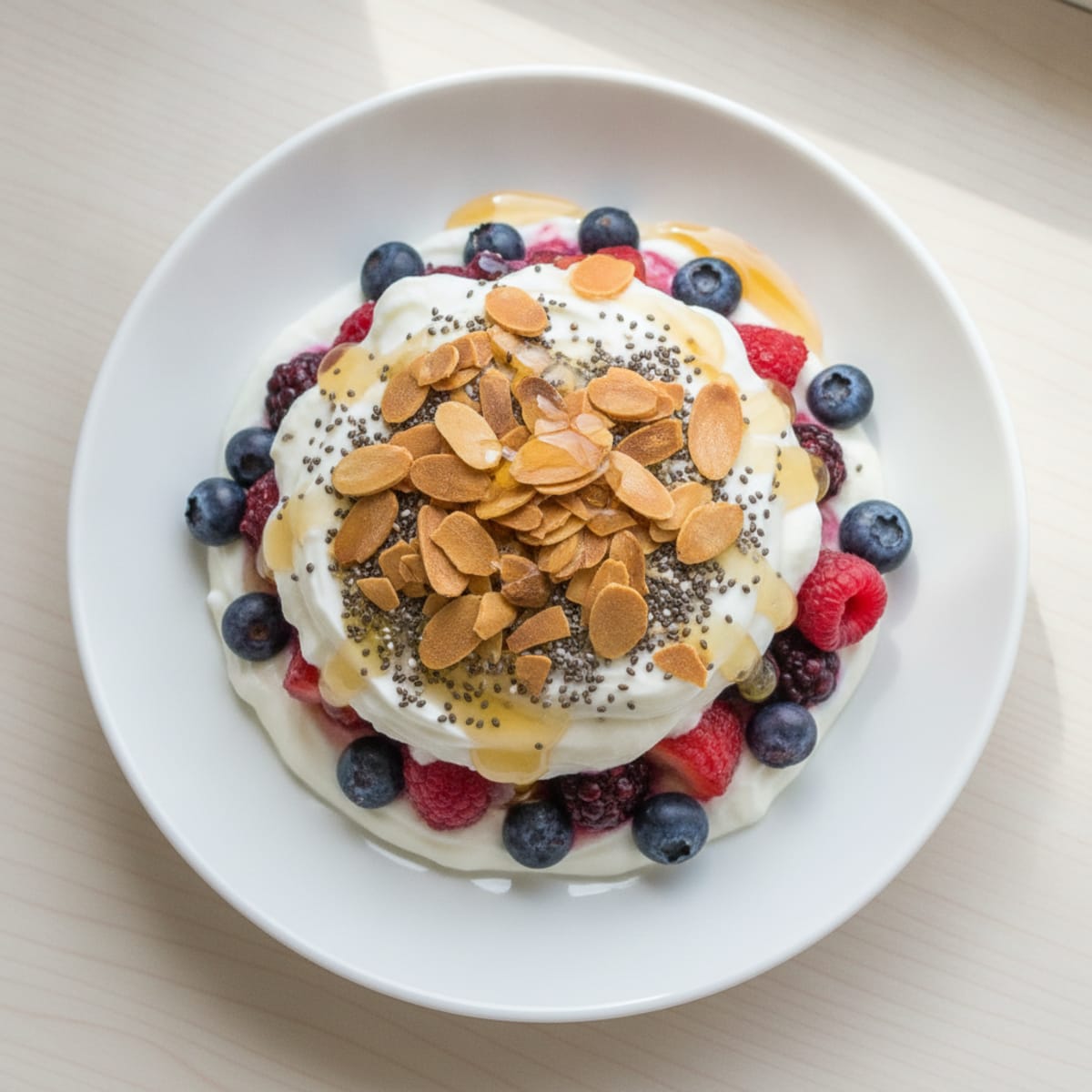 Greek Yogurt Protein Parfait with Mixed Berries and Almonds