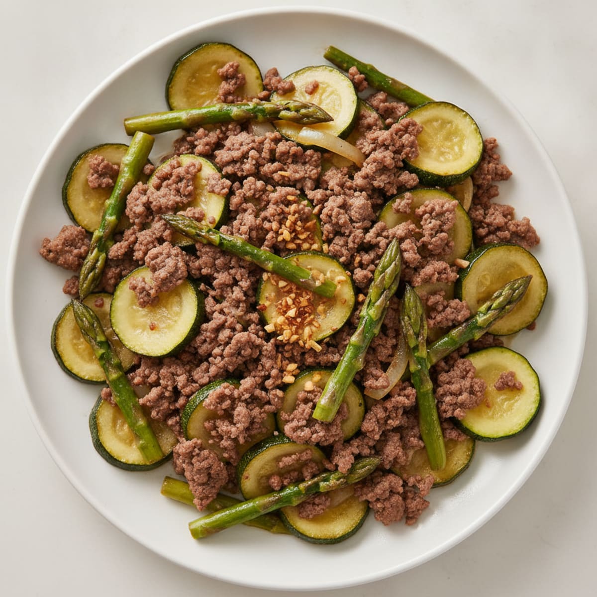 Lean Ground Beef and Zucchini Skillet with Asparagus