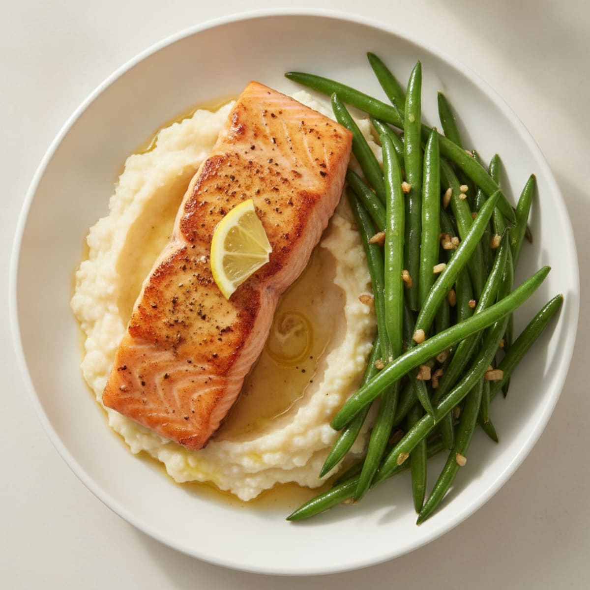 Seared Salmon with Garlic Green Beans and Cauliflower Mash