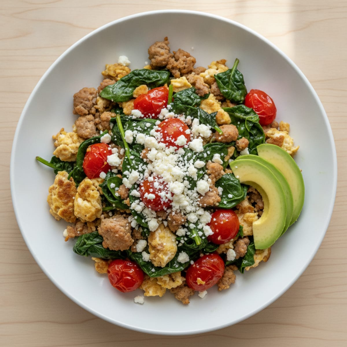 Egg White and Turkey Sausage Scramble with Spinach and Tomatoes