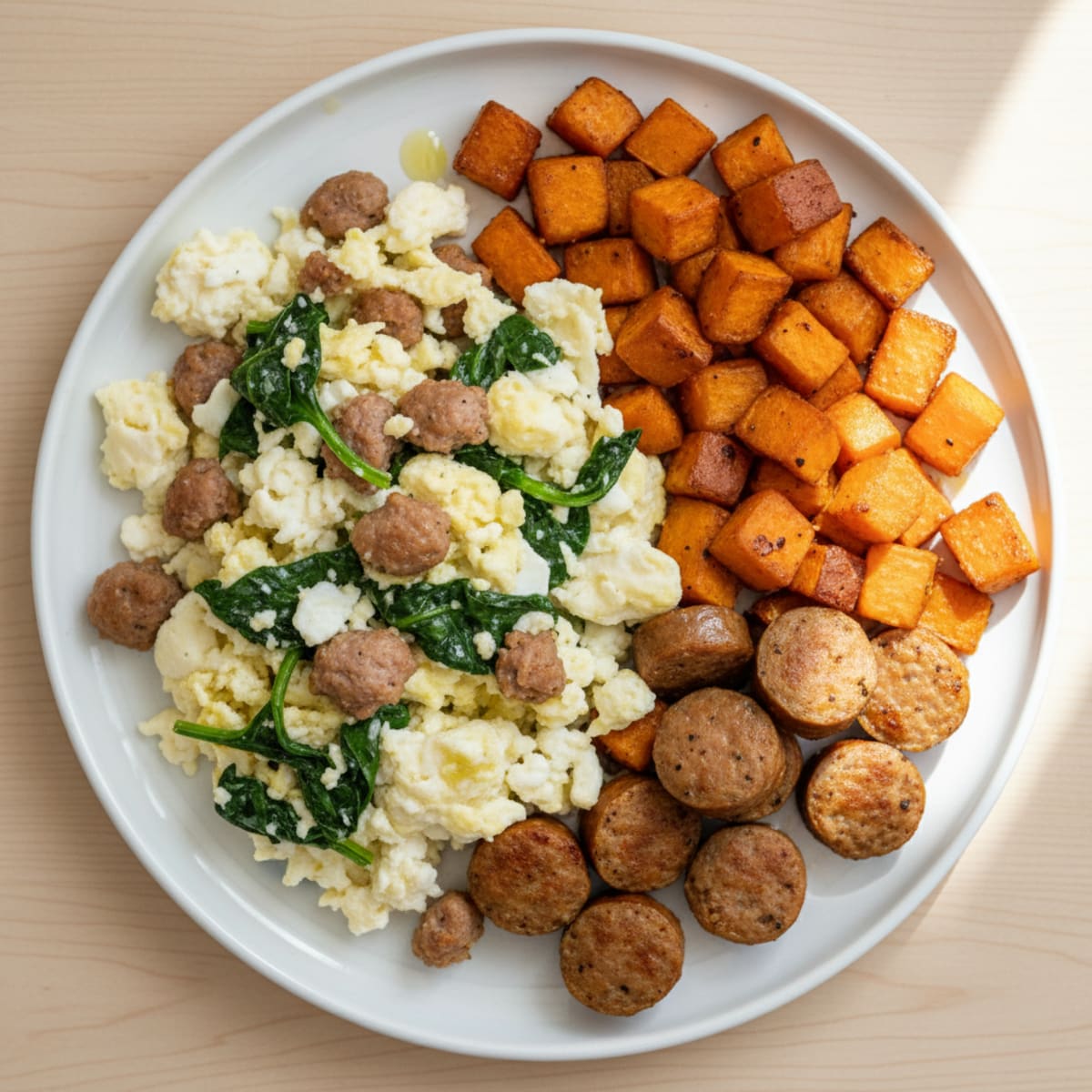 Egg White and Turkey Sausage Scramble with Spinach and Roasted Sweet Potato