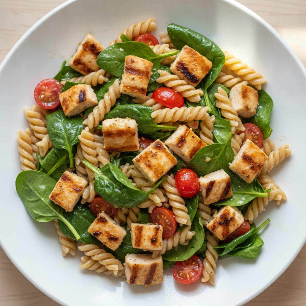 Grilled Chicken Pasta Salad with Spinach and Cherry Tomatoes