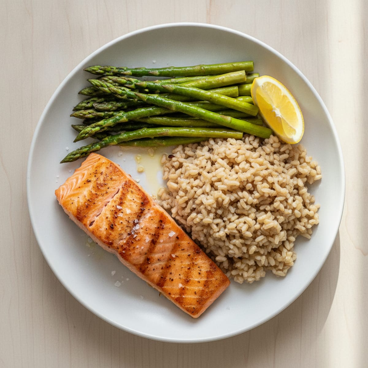 Seared Salmon with Steamed Asparagus and Brown Rice